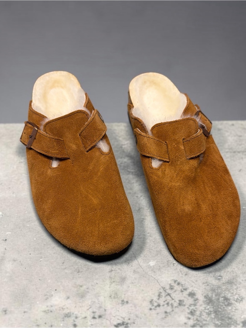 Birkenstock Boston Shearlings in Mink Suede Slip-On Clog in Brown